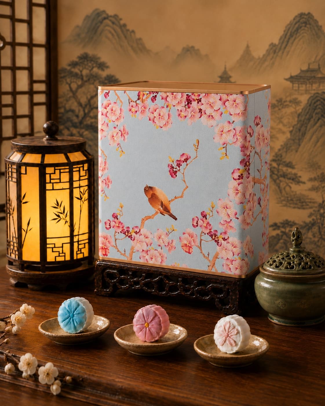 Cherry Blossom Moon Cake Gift Tin, front-left three-quarter view