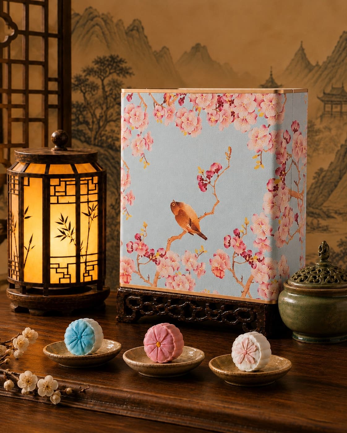 Cherry Blossom Moon Cake Gift Tin, front-right three-quarter view