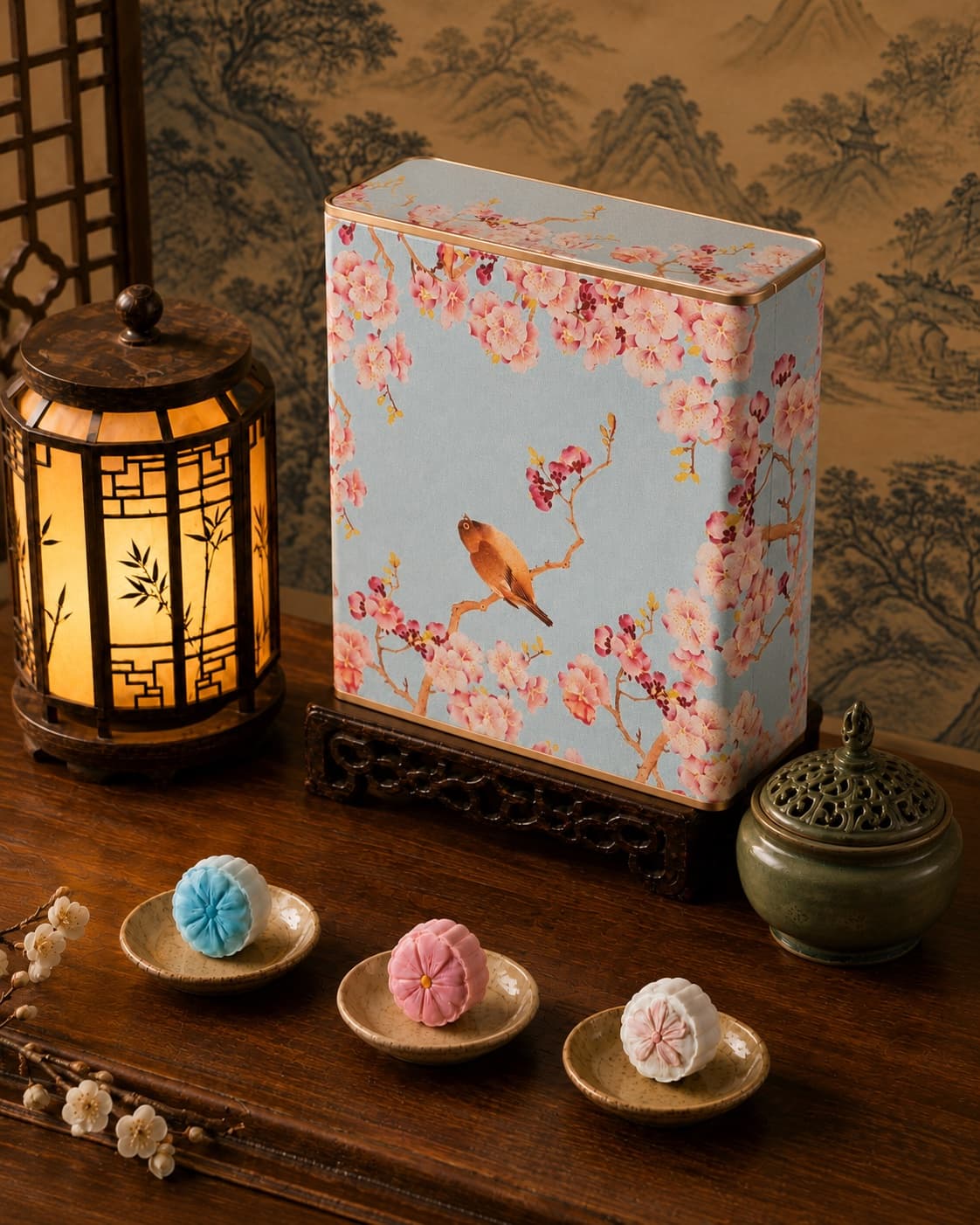 Cherry Blossom Moon Cake Gift Tin, top-down three-quarter view