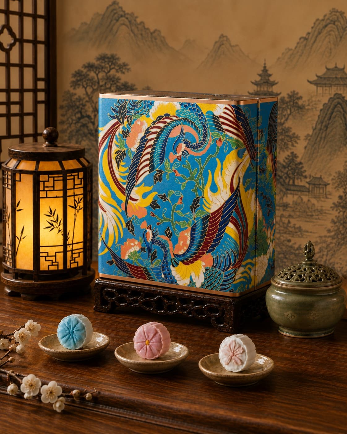 Phoenix Moon Cake Gift Tin, front-left three-quarter view