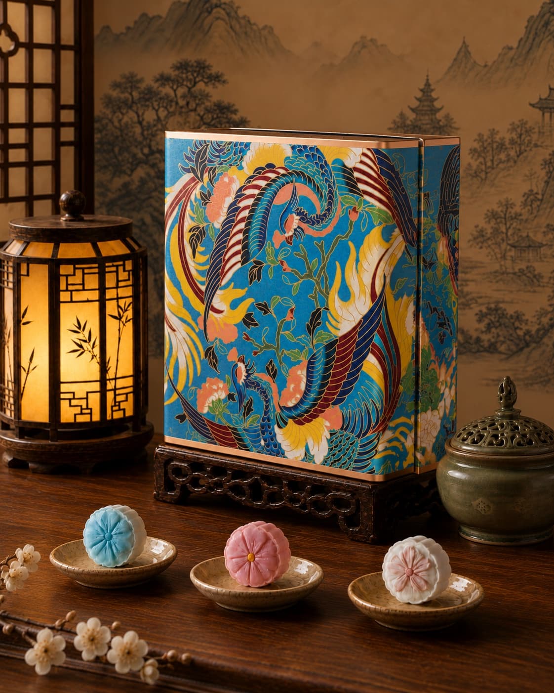 Phoenix Moon Cake Gift Tin, front-right three-quarter view