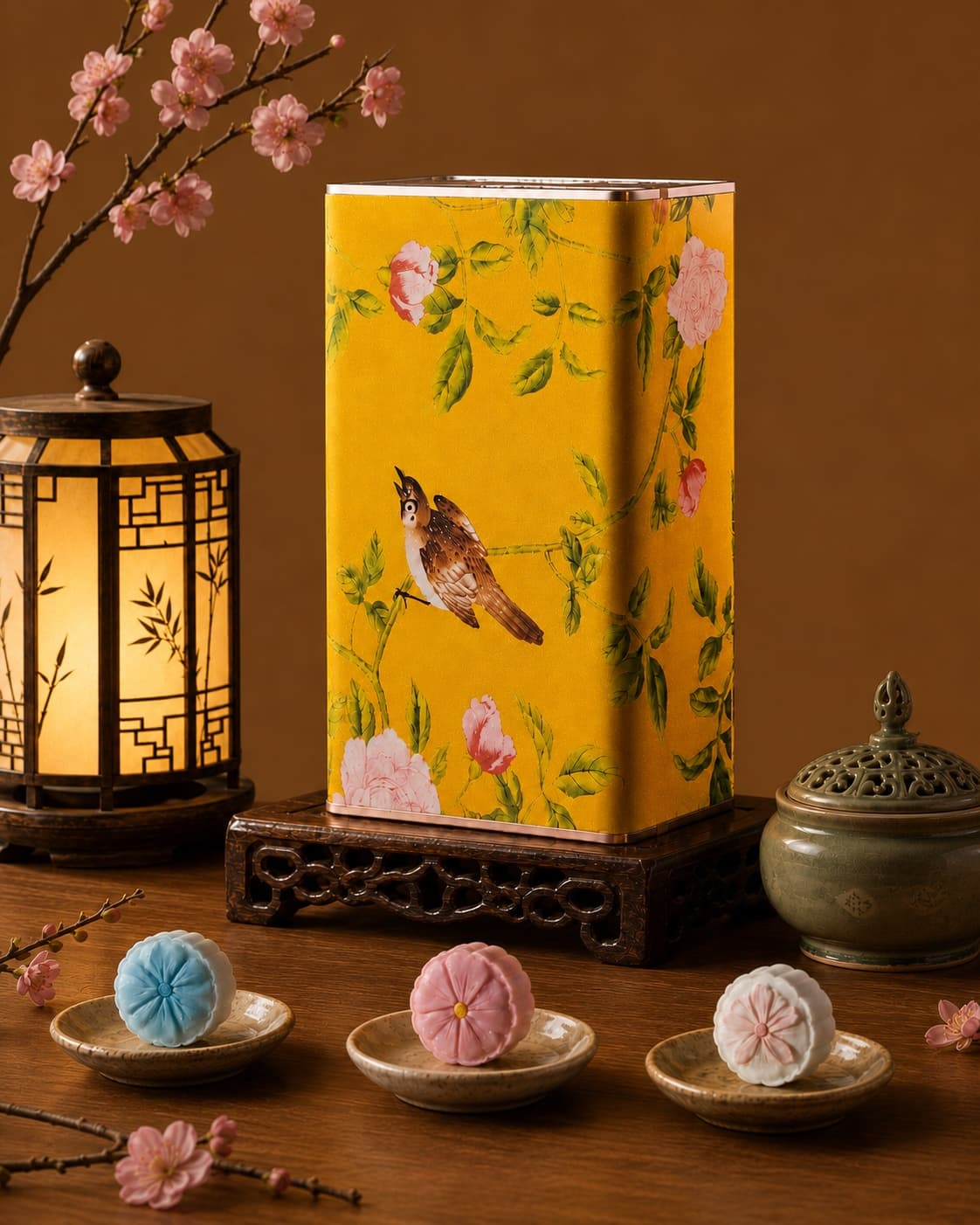 Yellow Floral Moon Cake Gift Tin, front-left three-quarter view