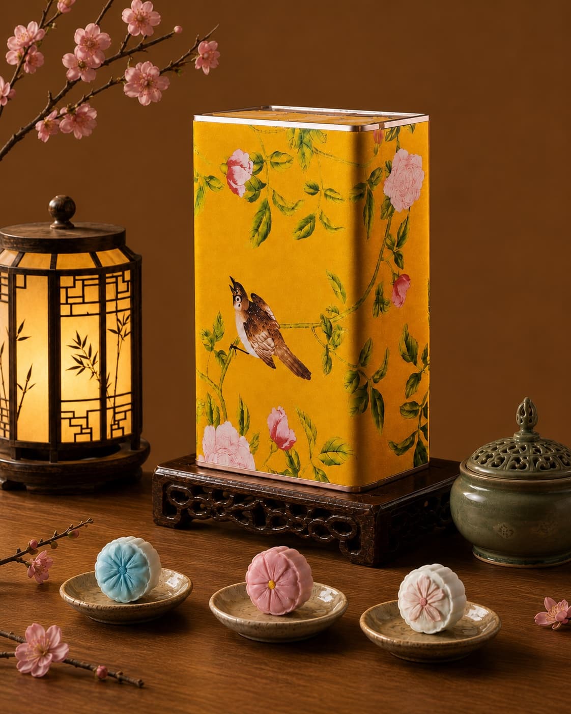 Yellow Floral Moon Cake Gift Tin, front-right three-quarter view