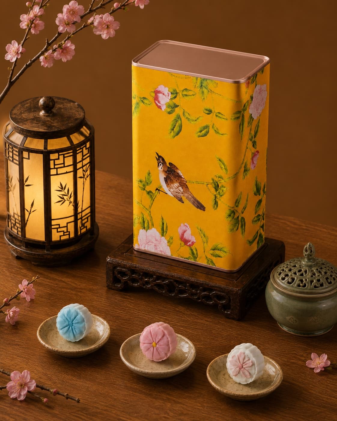 Yellow Floral Moon Cake Gift Tin, top-down three-quarter view