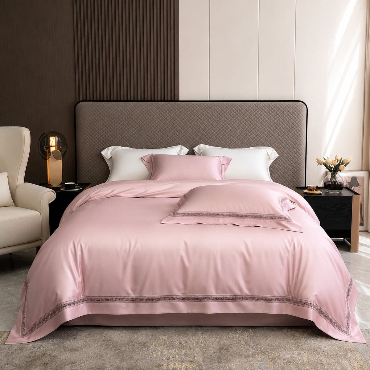 The Blush Pink bedding set on a king bed