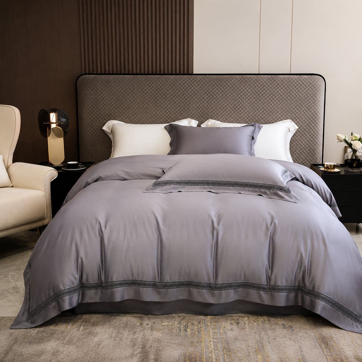 The Dove Grey bedding set on a king bed