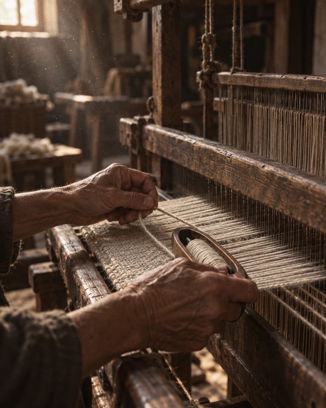 Raw cashmere fibre and hand-spun yarn beside a traditional loom