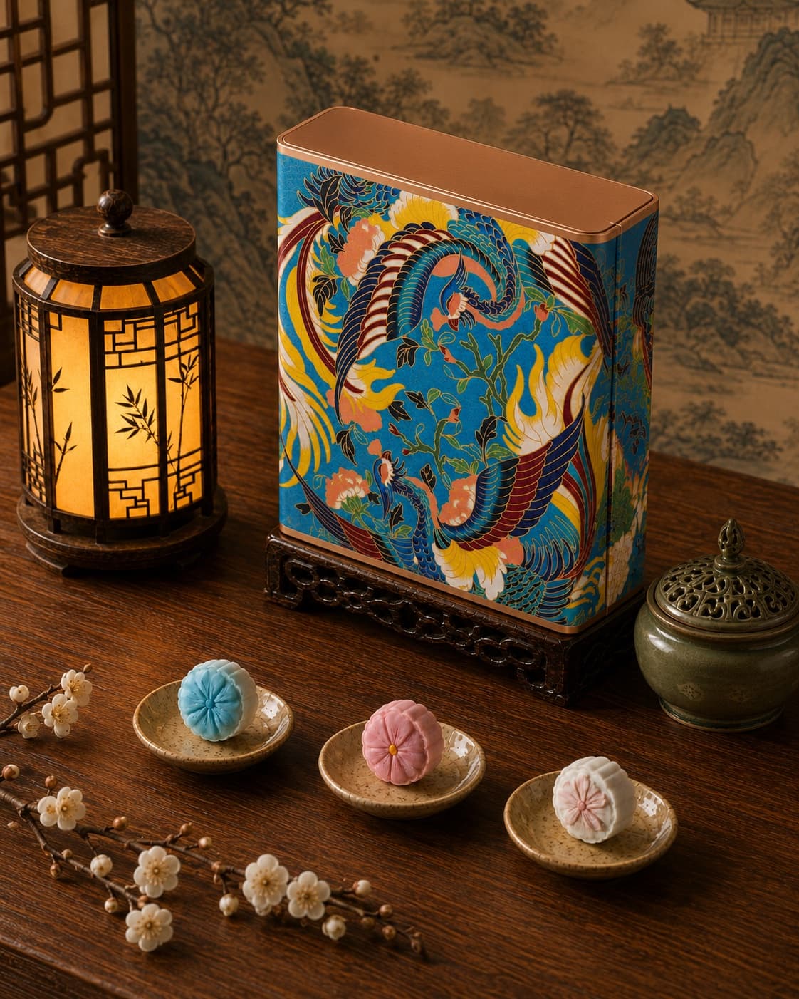 Phoenix Moon Cake Gift Tin, top-down three-quarter view